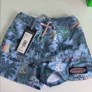 Vineyard Vines Blue Tropical Palm & Surf Print Swim Shorts